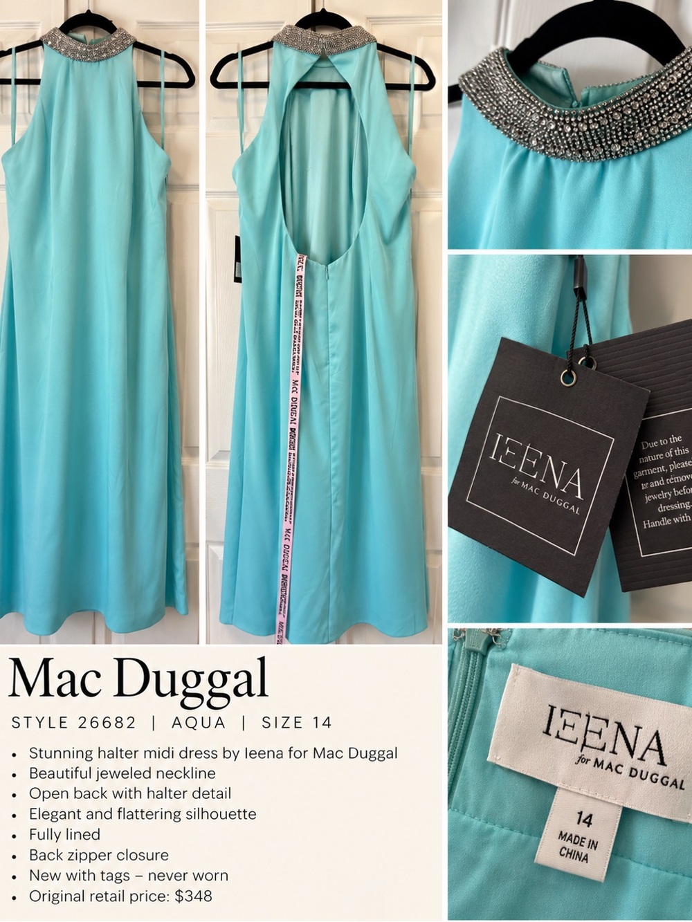 Ieena for Mac Duggal Aqua Jeweled Halter Open-Back Midi Dress